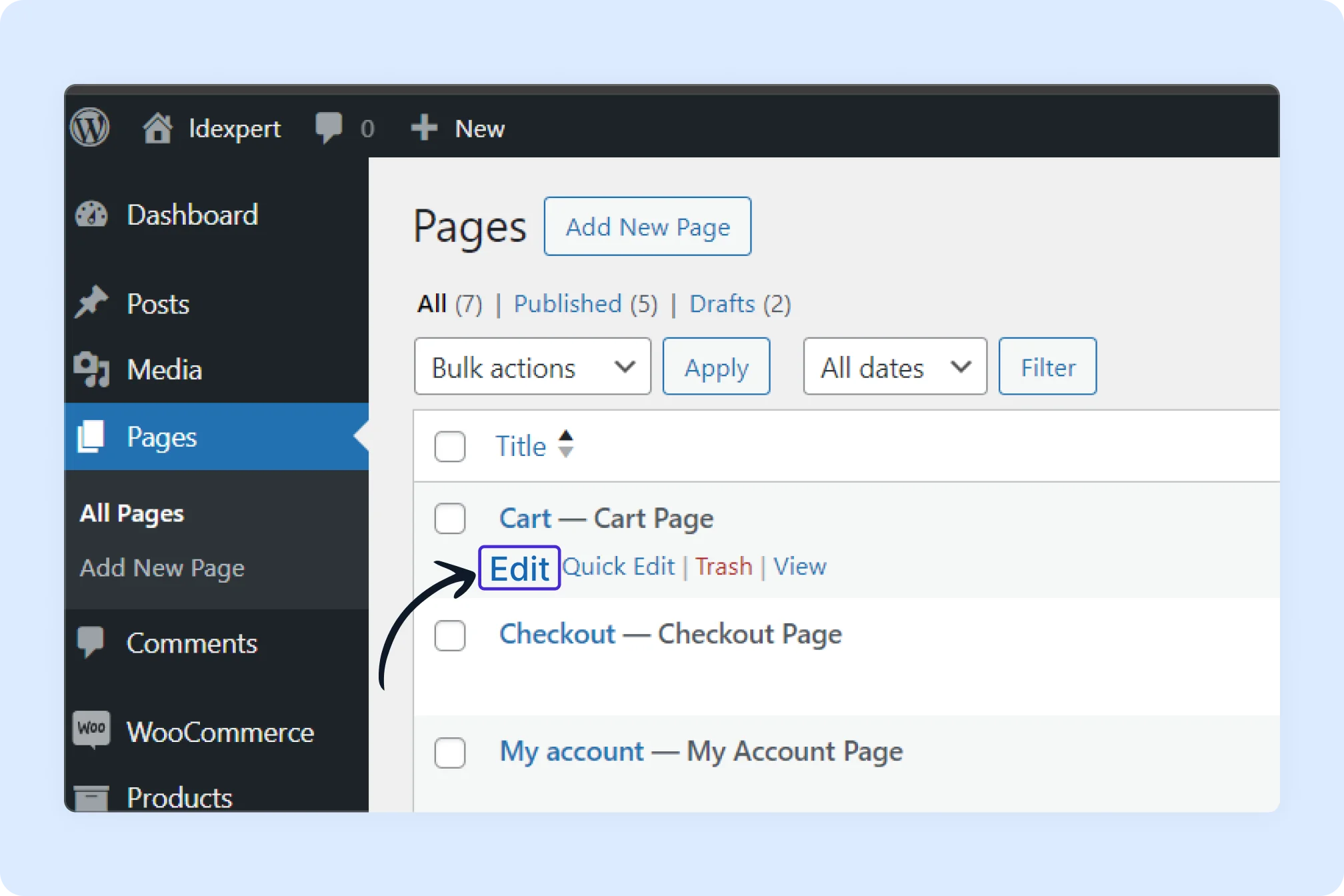 Click on the WordPress page to edit